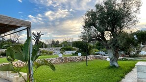 A well-maintained garden with a stone wall, a large tree, and a pergola structure. - Villa dei Desideri (Salve)