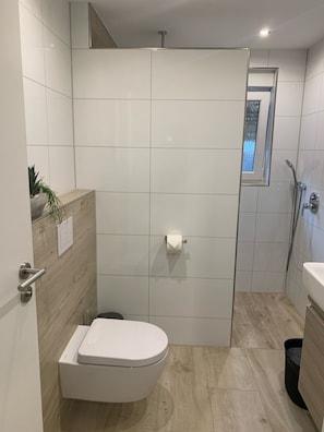 Chuveiro, secador de cabelo, toalhas de banho, sabonete