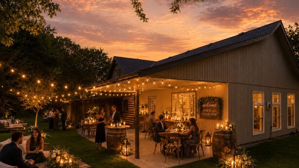 An outdoor event space with string lights, tables, and chairs, surrounded by a building with a welcoming sign. - Private Log Estate by Winery | Trails & Fire Pit (Kingsville)