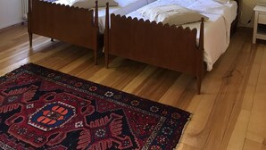 A bedroom with two wooden beds, a chandelier, a window with a view, and a patterned rug. - La Torre di Rua (SAN PIETRO DI FELETTO)