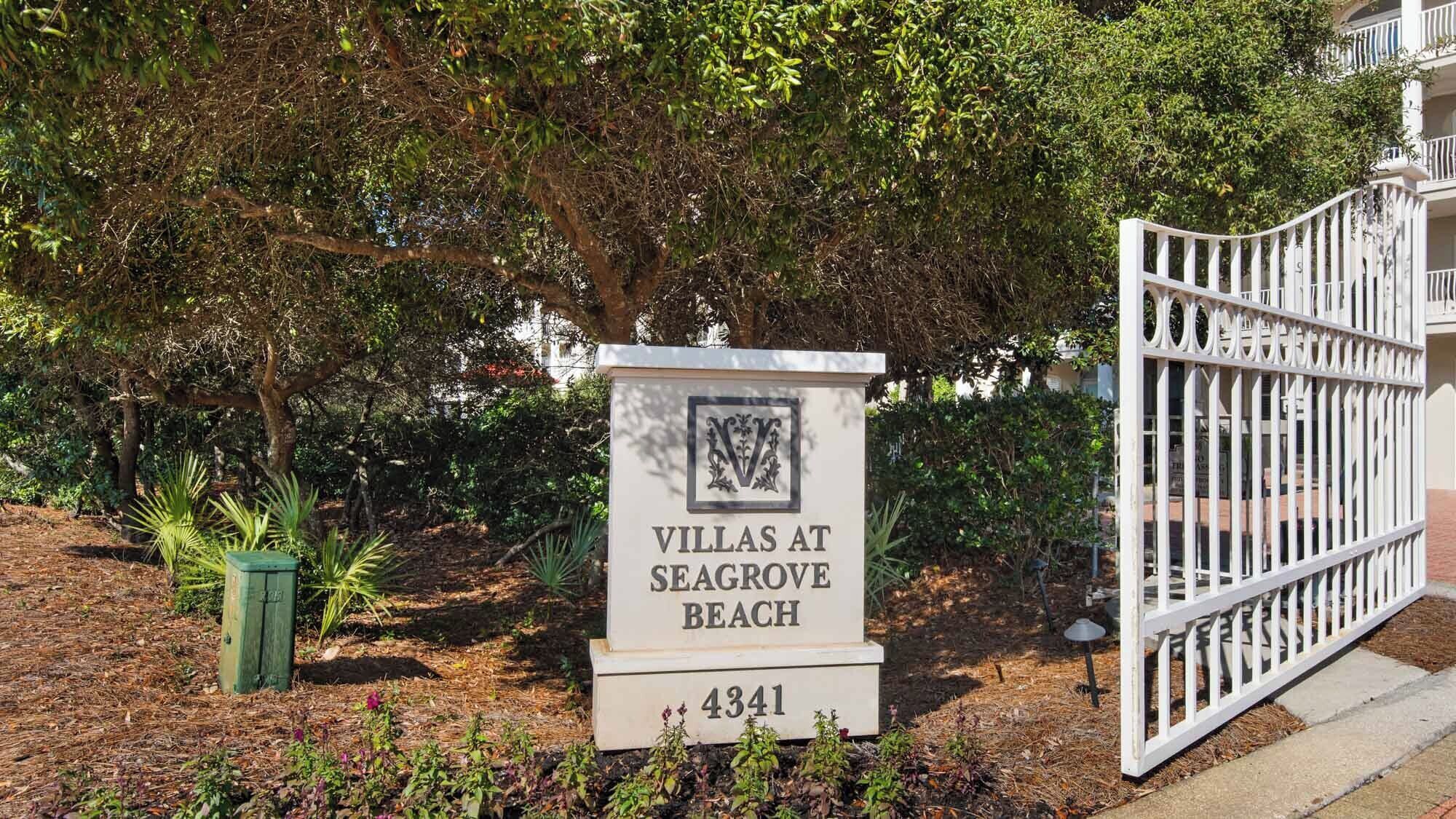 A sign for 'Villas at Seagrave Beach' with a number '4341'.