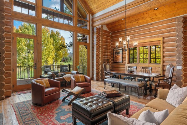 Smart TV, fireplace, books, stereo