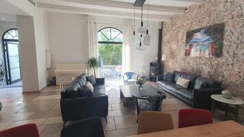 TV connectée, cheminée, livres, chaßne hi-fi