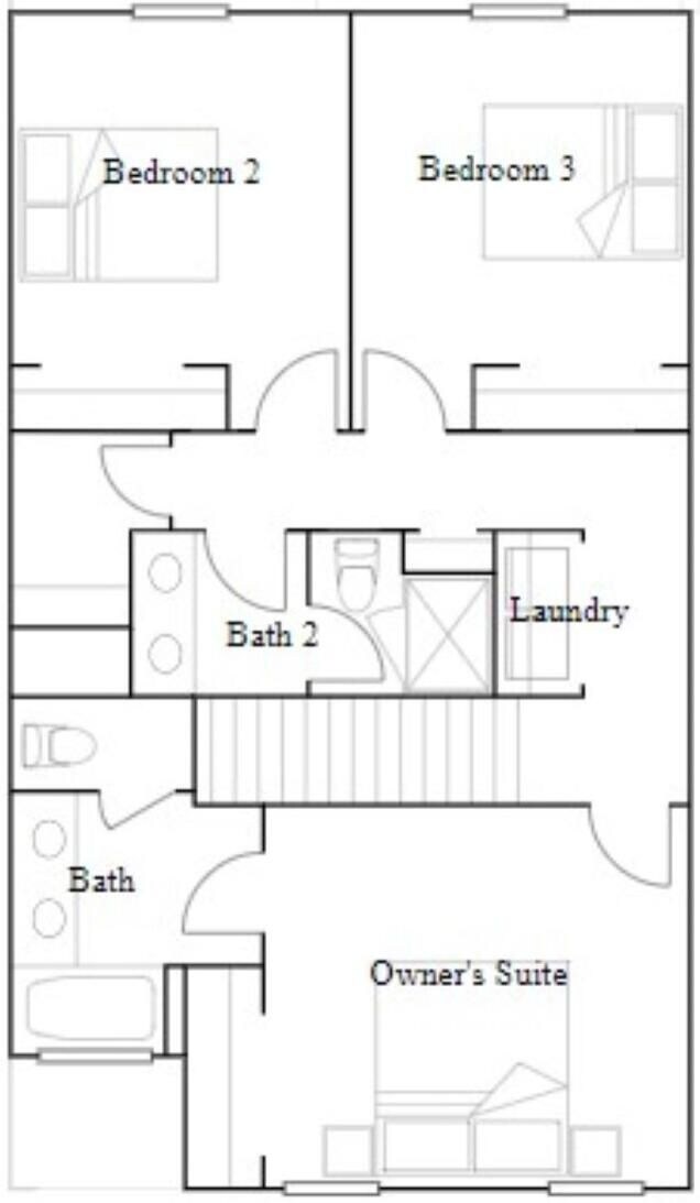 A floor plan with three bedrooms, two bathrooms, a laundry area, and an owner's suite.