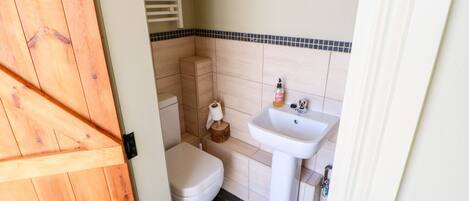 A bathroom with a toilet, sink, and wooden door.