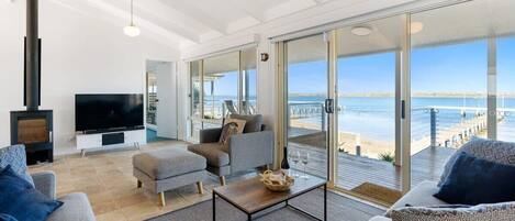 Televisión, chimenea y libros