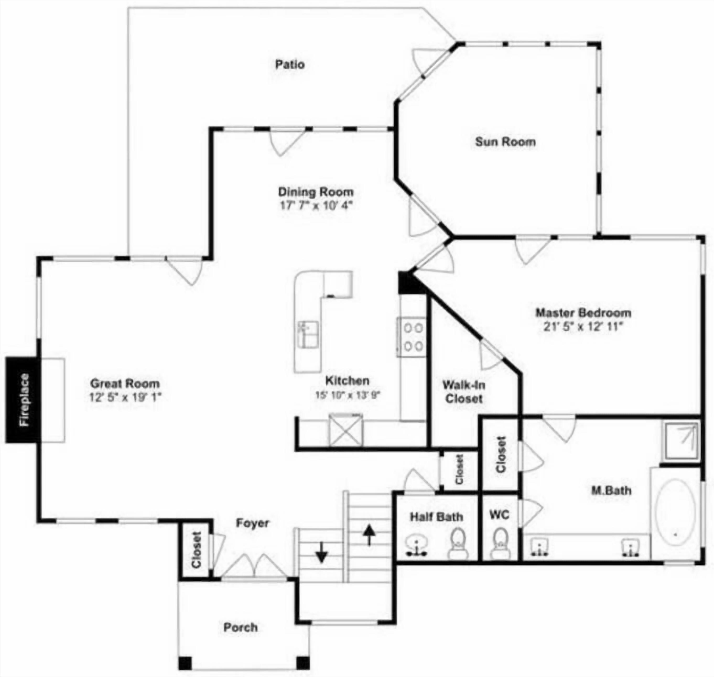 A floor plan with a patio, dining room, sun room, master bedroom, kitchen, great room, foyer, half bath, walk-in closet, closet, porch, and M. Bath.