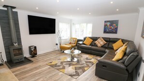 A modern living room with a fireplace, leather sofa, and a glass coffee table. - Bwthyn Eirlys (Cemaes Bay)