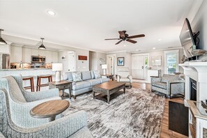 TV, fireplace, smart speakers