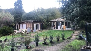 Propiedad residencial con dos edificios separados, uno con un patio y otro con un porche cubierto. Hay plantas en macetas y mobiliario de exterior en el jardín.
