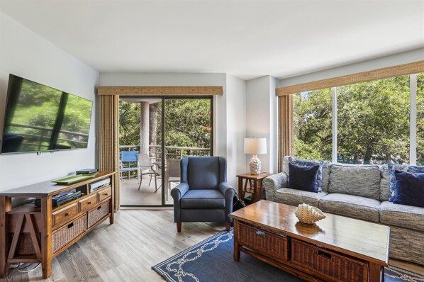 Télévision à écran plat, lecteur de DVD, enceintes connectées