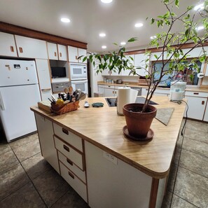 A kitchen with white cabinets, a microwave, a refrigerator, and a potted plant on the counter. - ***Million Dollar Views and Indoor Pool! (Lone Pine)