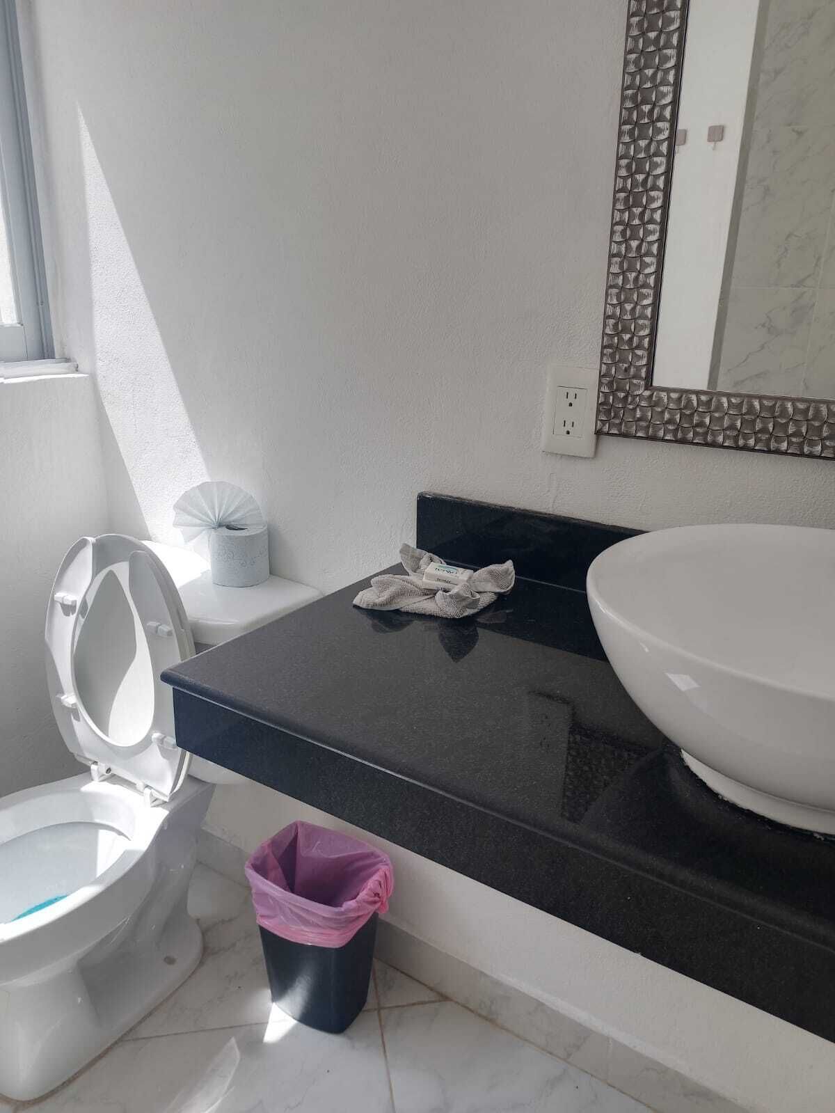 Ein Badezimmer mit Toilette, Waschbecken, Spiegel und Mülleimer.