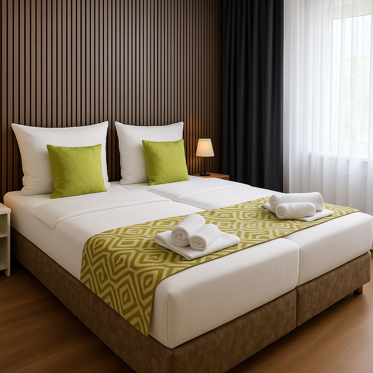 A double bed with white and green bedding, a bedside lamp, and a window with sheer curtains.