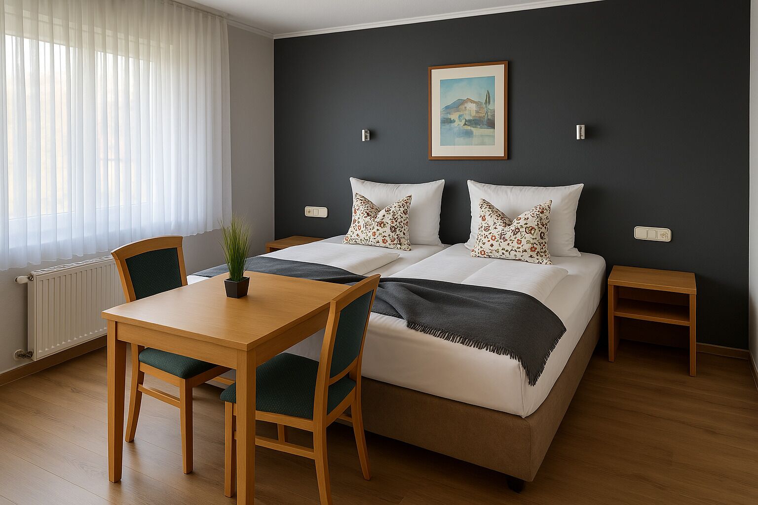 A double bed with floral pillows, a bedside table, a small table with a chair, and a radiator.