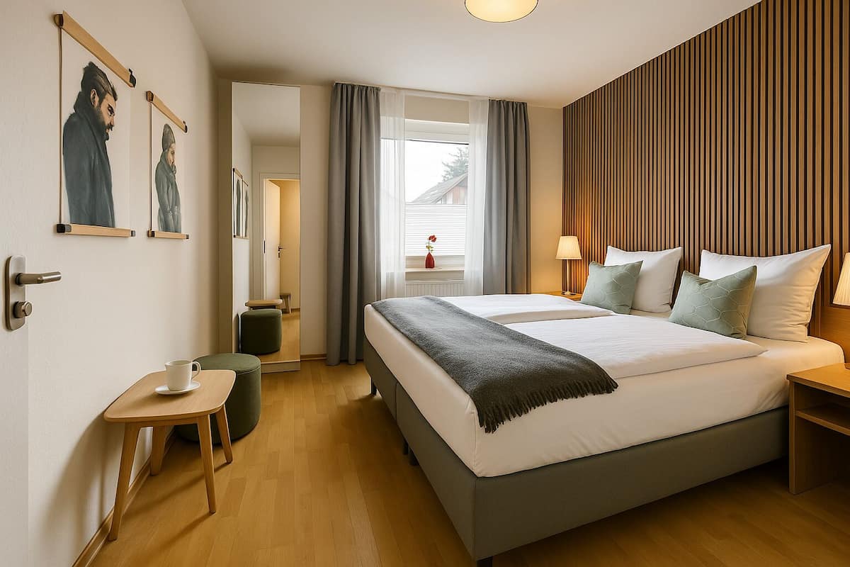 Une chambre d’hôtel moderne avec un grand lit, une table de chevet, un petit tabouret et une vue sur l’extérieur par une fenêtre.