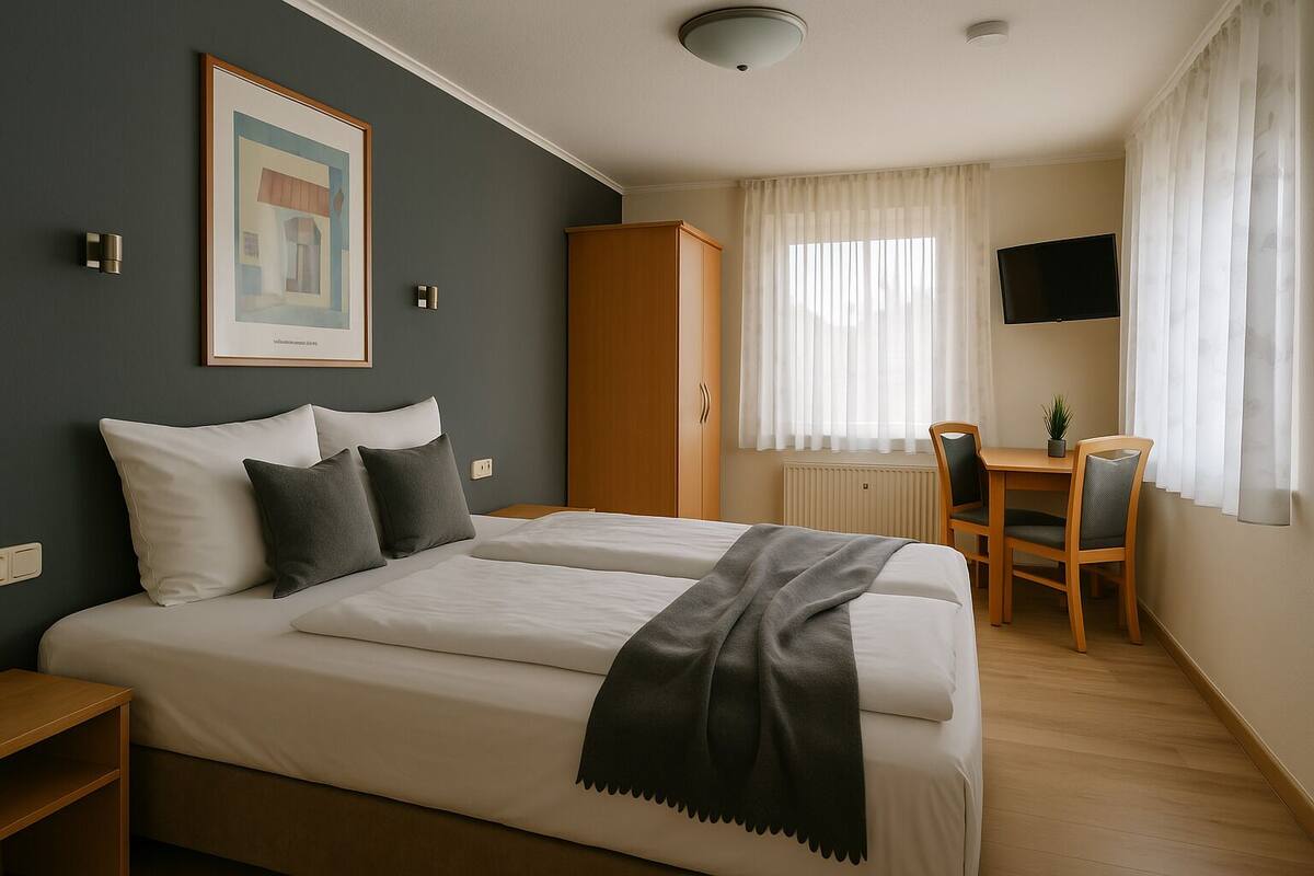 Une chambre d’hôtel avec un lit, un bureau, une chaise, une télévision et un tableau encadré au mur.