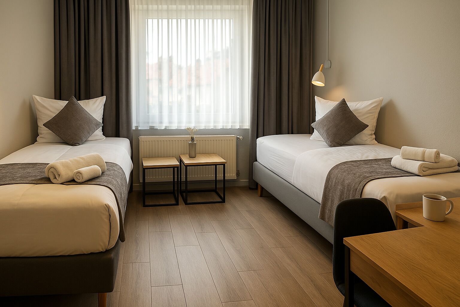 A hotel room with two beds, a small table, a chair, and a window with curtains.