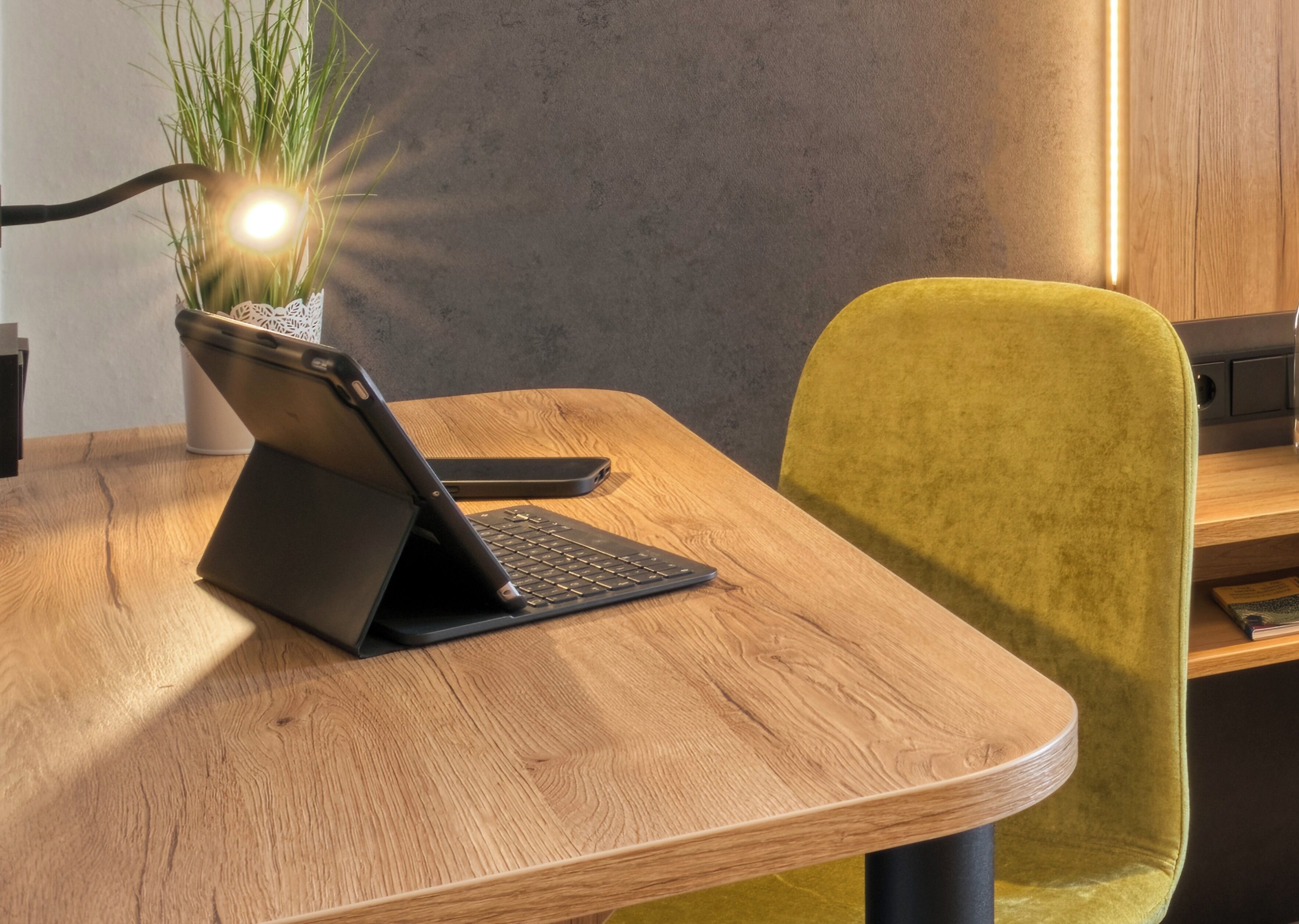 A wooden table with a laptop on a stand, a green chair, and a potted plant with a light source behind it.