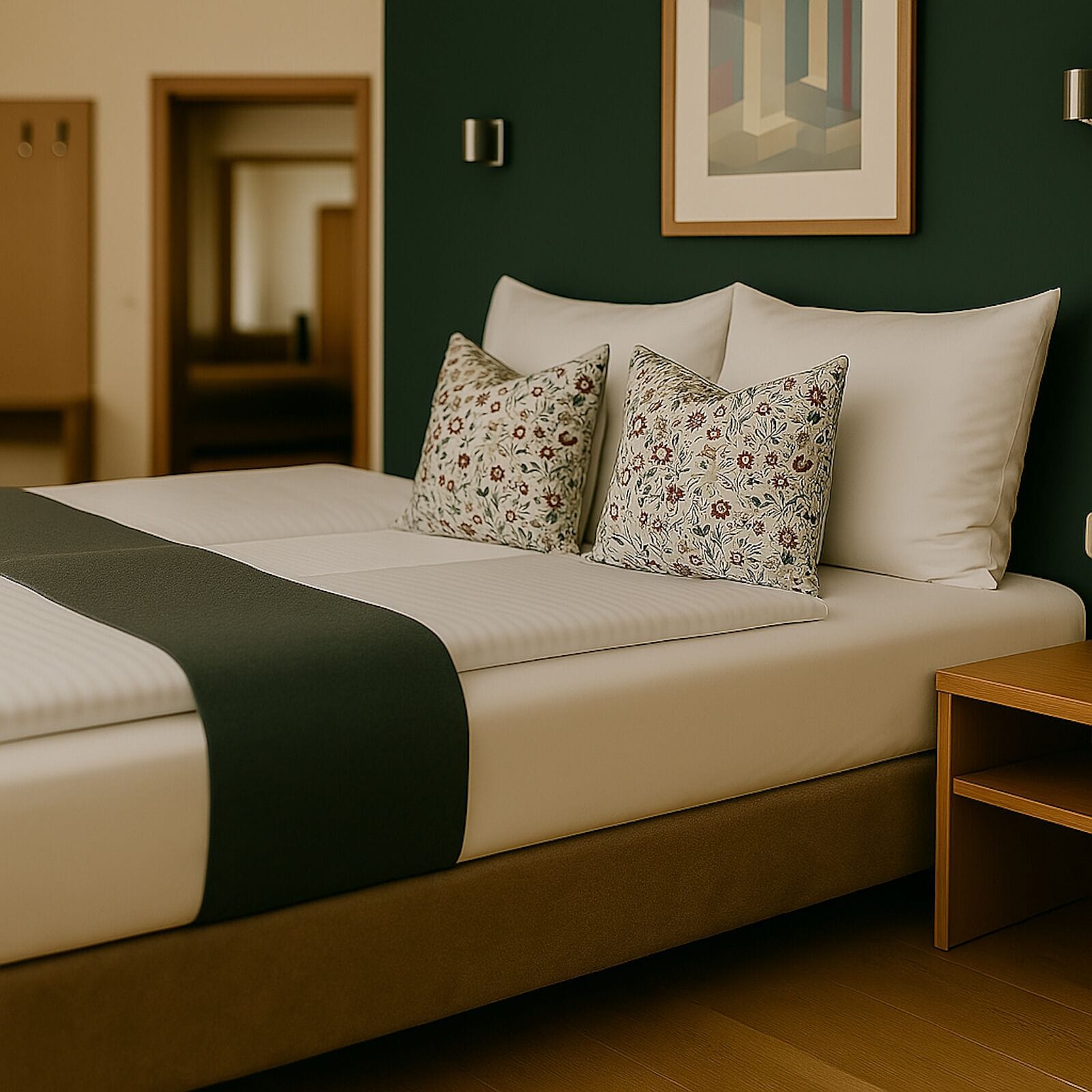A neatly made bed with floral pillows, a green throw, and a wooden nightstand.