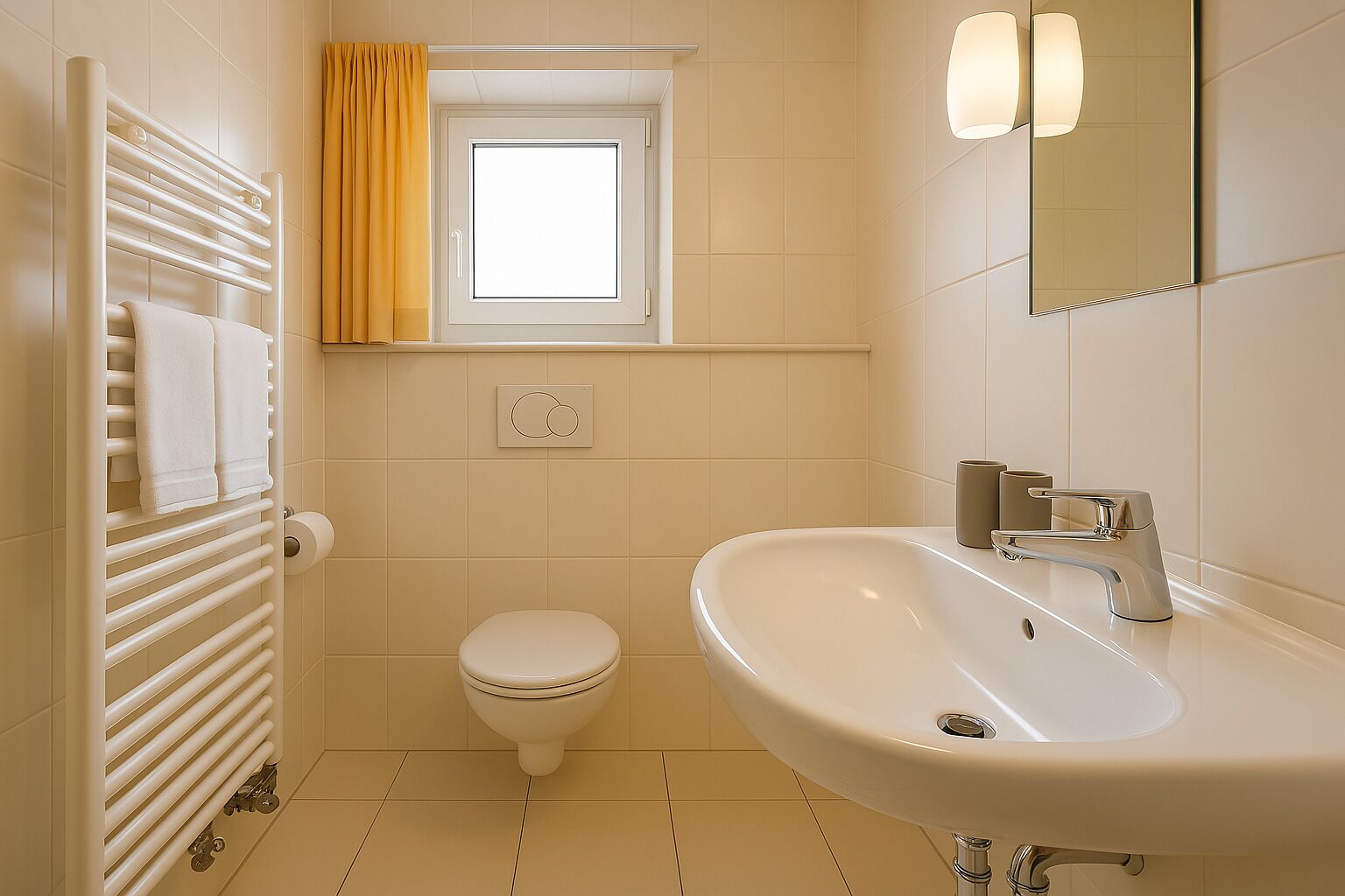 Un baño con inodoro, lavamanos, toallero y ventana con cortinas.