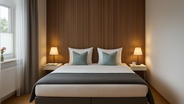 Quarto de hotel moderno com uma cama grande, duas mesas de cabeceira e uma parede revestida de madeira.