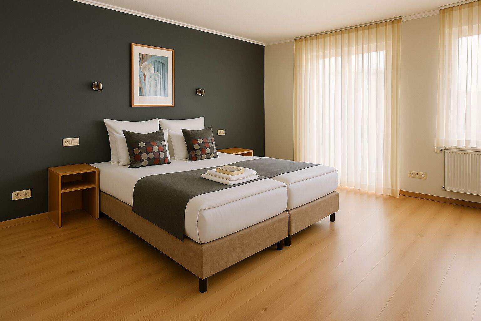 A modern bedroom with a large bed, bedside tables, a framed artwork, and a window with curtains.