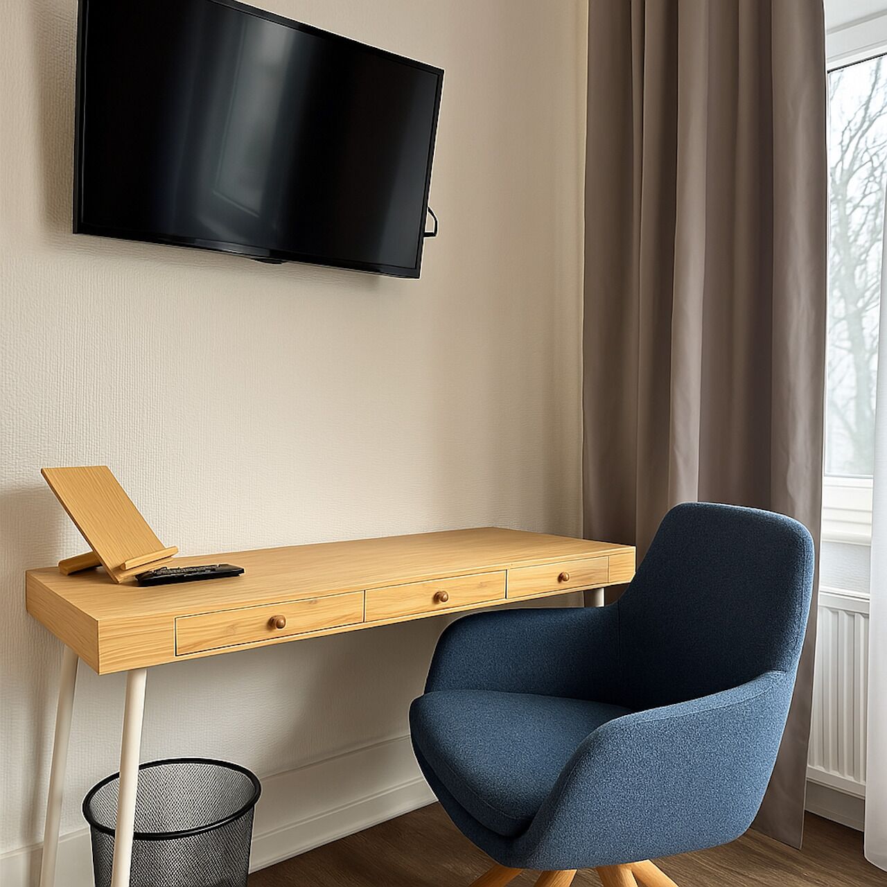 Una habitación moderna con un escritorio de madera, una silla azul, un televisor montado y una ventana con cortinas.