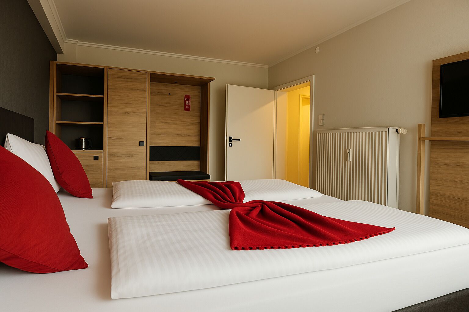 A hotel room with a bed, a wardrobe, a radiator, and a television.