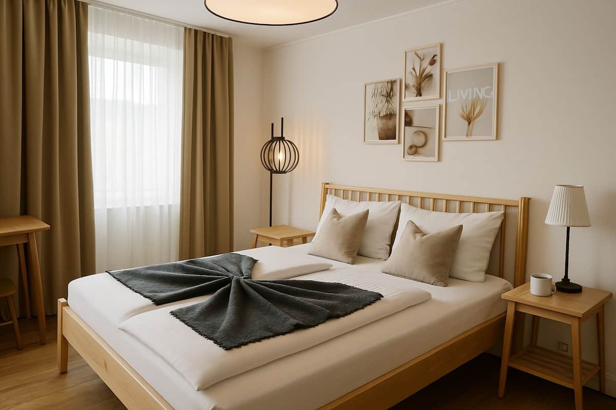 Un lit bien fait, recouvert d’un plaid gris, une table de chevet avec une lampe et des œuvres d’art encadrées accrochées au mur.