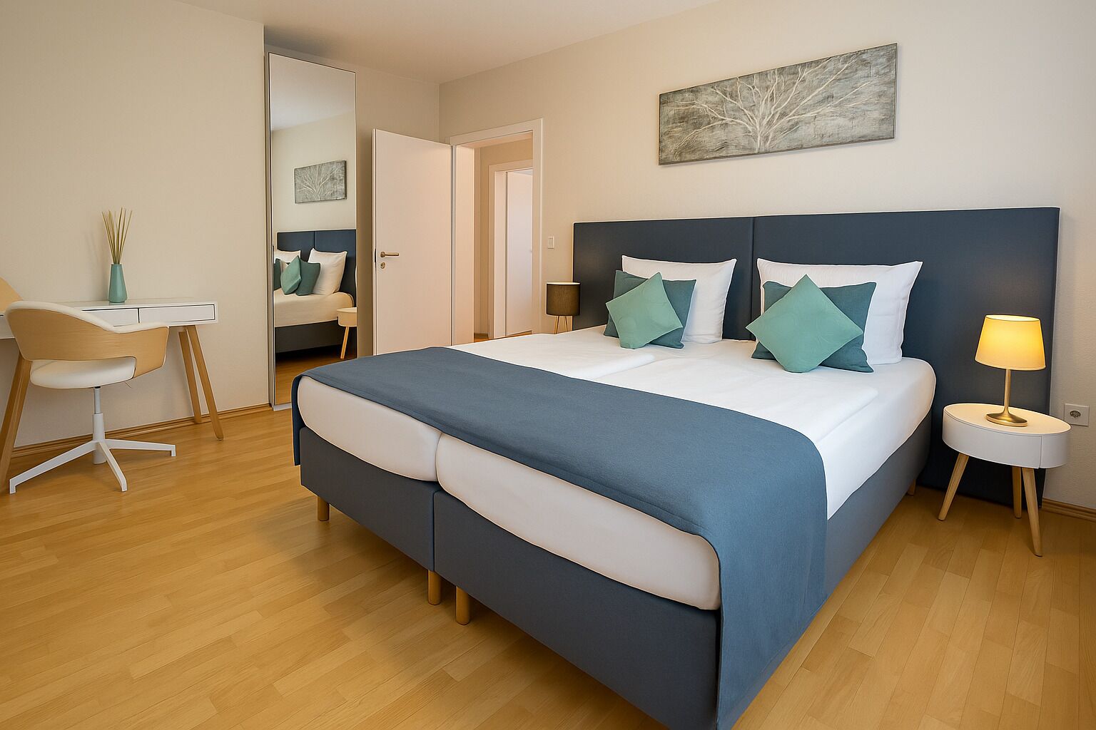 A modern hotel room with a large bed, a desk, and a chair.