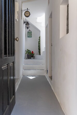 Staircase leads to a cozy landing with a bicycle and potted plants.