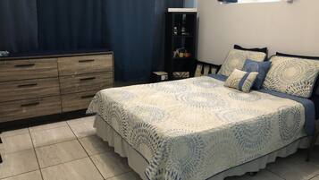 1 bedroom, desk, iron/ironing board, travel cot