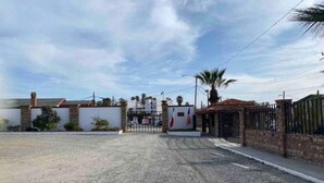 Una proprietà recintata con vialetto lastricato, un muro in mattoni e una palma.