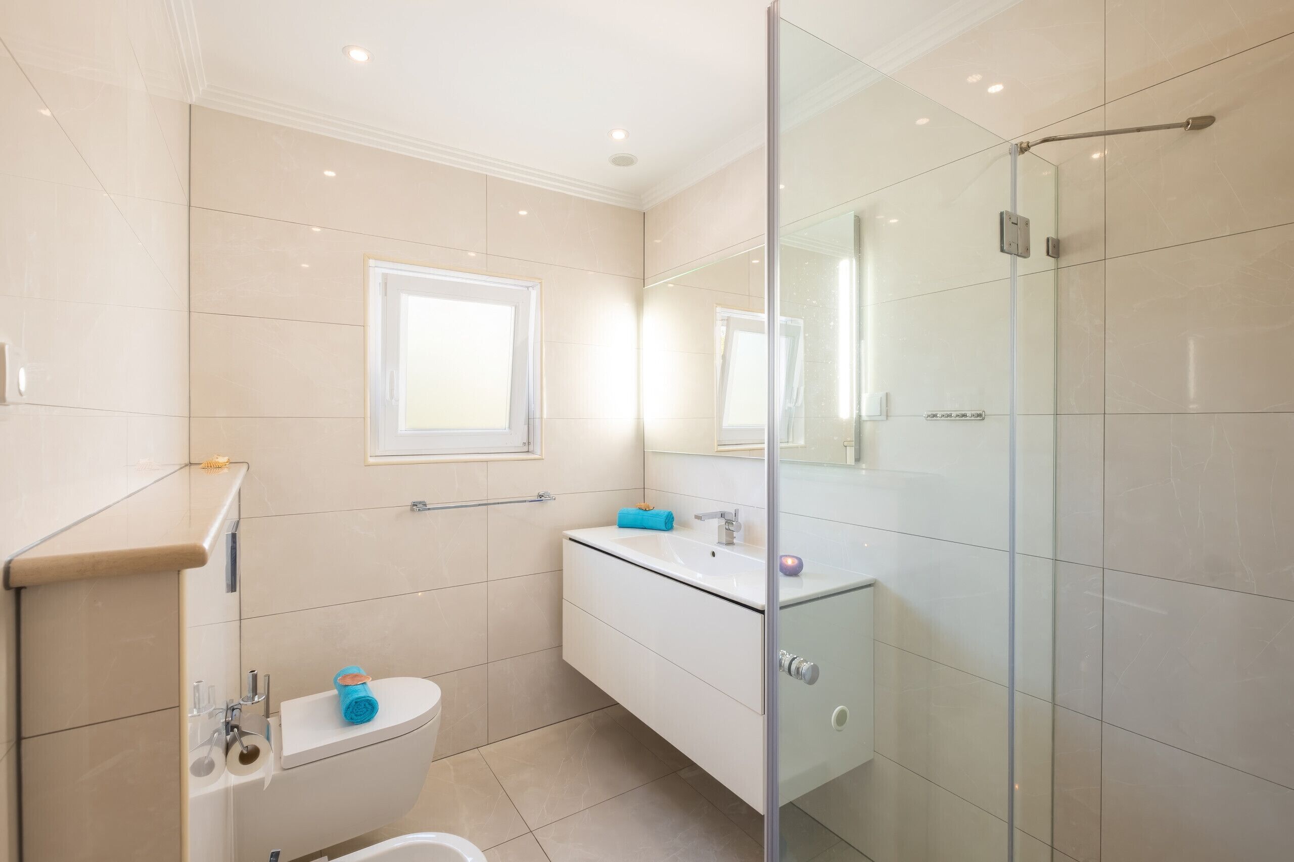 A modern bathroom with a glass shower enclosure, a white vanity with a mirror, and a toilet.