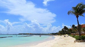A beach with clear turquoise water, a sandy shore, and palm trees. - Mansion Serenity en Puerto Aventuras (Puerto Aventuras)