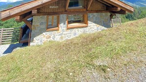 A stone and wood mountain cabin named 'Bishorn' with a sloped roof, wooden beams, and stone walls, surrounded by a grassy hillside and a clear blue sky. - Bishorn COSY chalet 4 personnes (Les Masses)
