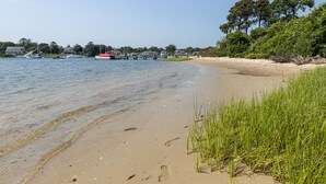 A sandy beach with clear water, a pier, and a row of houses in the background.
