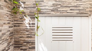 A white door with horizontal slats, set against a stone wall with a climbing vine.