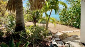 Un jardín con palmeras, un sendero de piedra y vista al mar.