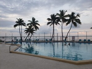Une piscine bordée de palmiers, avec des chaises longues et une vue sur la mer.