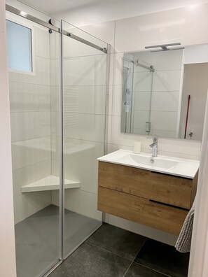 Regadera, jabón, shampoo, papel de baño