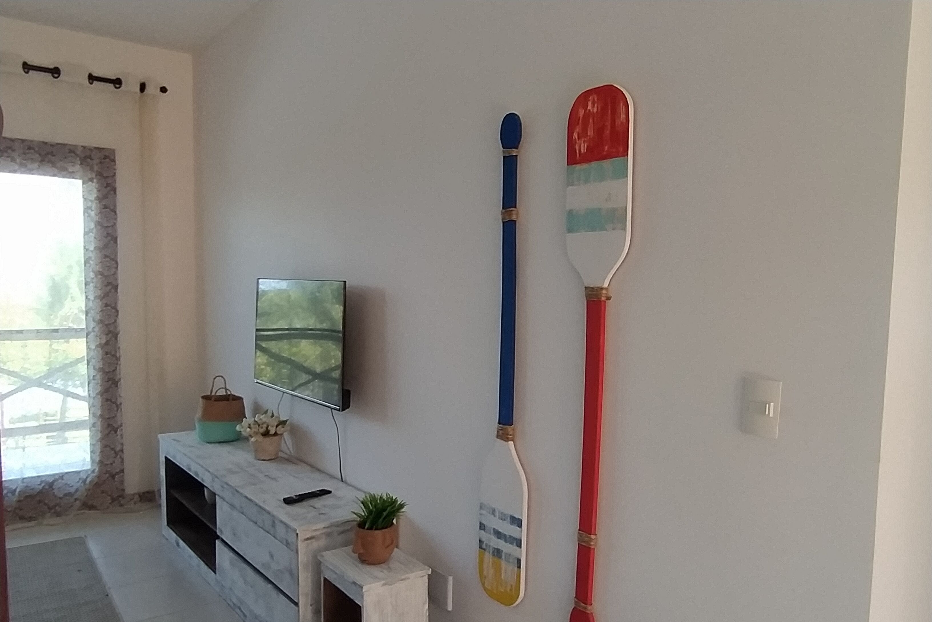 A room with a TV on a marble console, a potted plant, and two paddleboards on the wall.