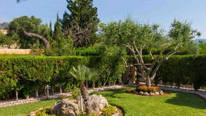 A well-maintained garden with various plants, a circular flower bed, and a large rock centerpiece. - Beautiful finca with pool in Selva, in the center of Mallorca. (Selva)