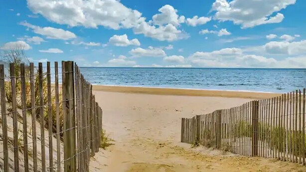 Una playa arenosa con una valla de madera que da al agua.