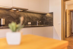 Une cuisine moderne avec un évier en acier inoxydable, une plante en pot posée sur le plan de travail et une porte en bois à l’arrière-plan.