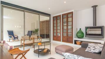 Una televisión, una chimenea