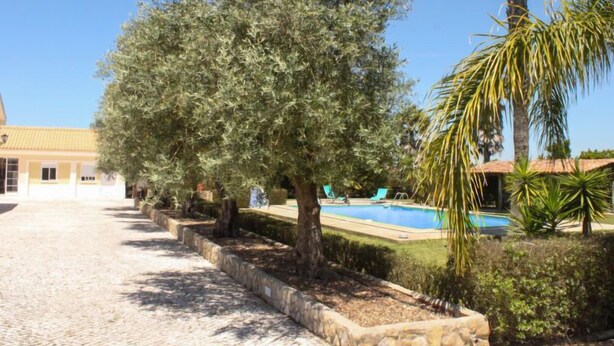 A courtyard with a swimming pool, stone-lined pathway, and a building with a tiled roof.