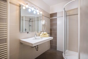 Shower, hair dryer, towels