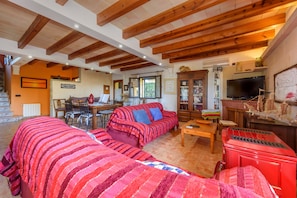 Amplia sala de estar con sofá, una mesa de centro y televisor. Tiene techo de madera con vigas a la vista, chimenea y estantería.